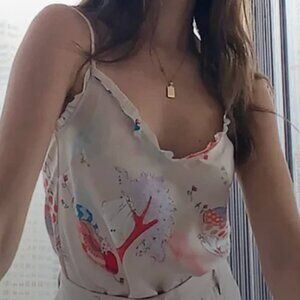 Aritzia Wilfred Ruffle Camisole Satin Lady Print Champagne/Cornflower